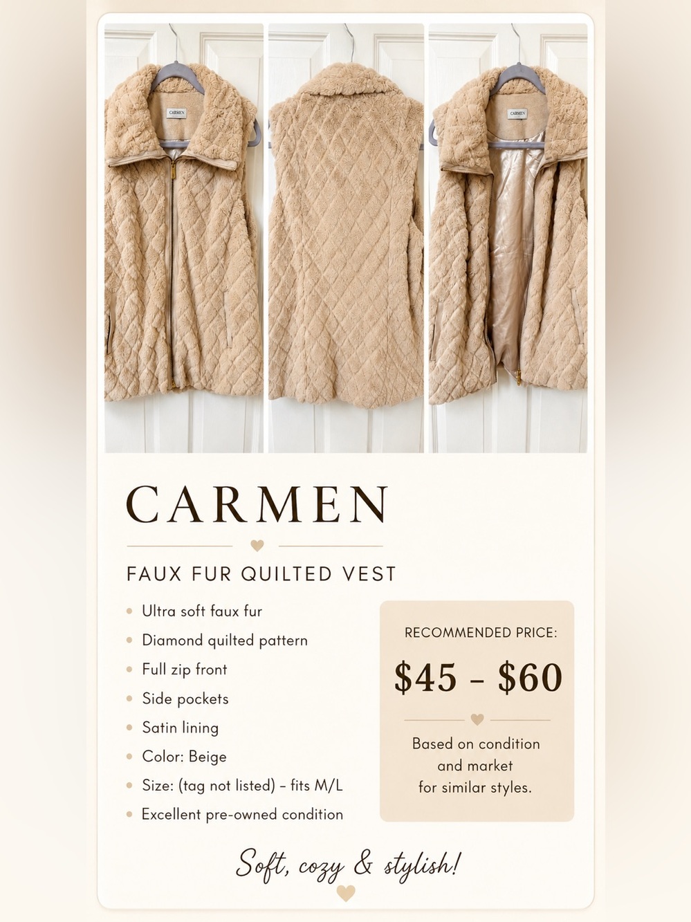 Diamond-Quilted Faux Fur Vest - Beige